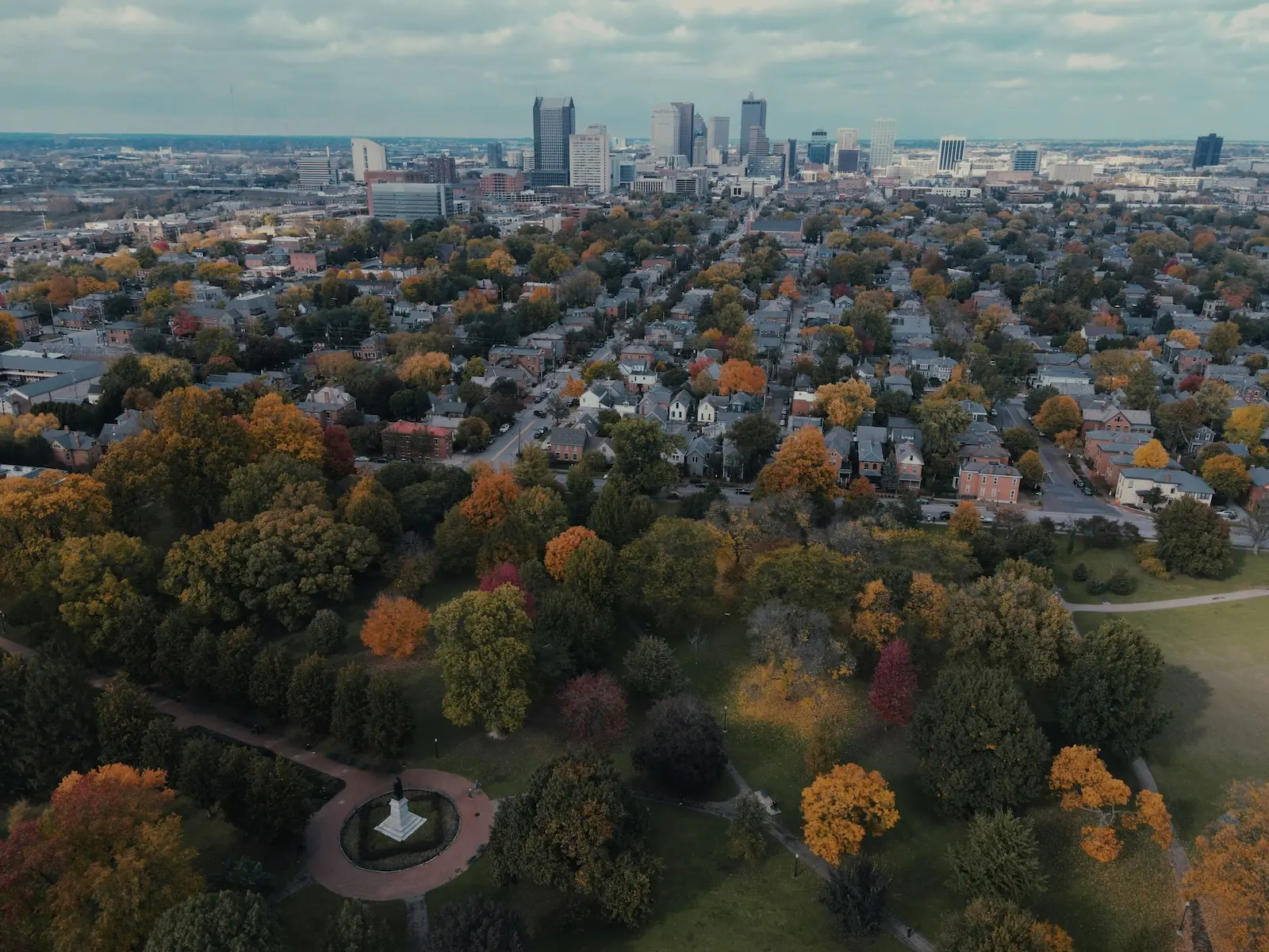 An aerial view of Columbus Ohio, over the German Village neighborhood. 